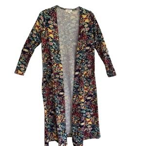 LulaRoe SARAH Black & Yellow Print Cardigan Sweater Long Duster Pocket Size XS